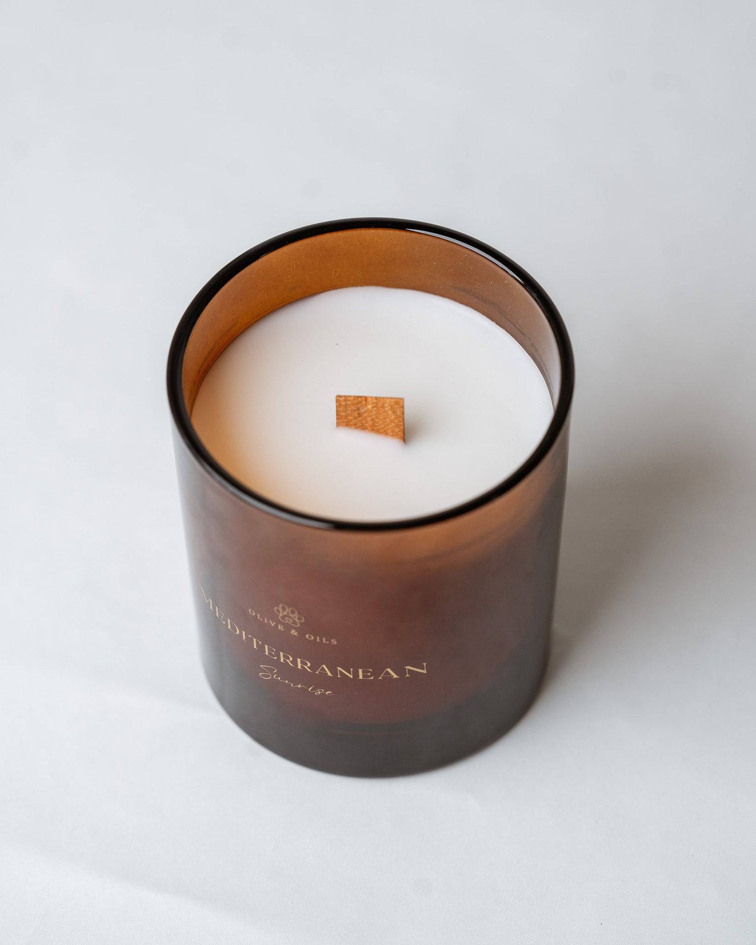 Mediterranean Sunrise Candle showing the clean wax and wood wick